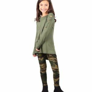 Lori&Jane Big Girls Olive Slit-Sleeve Tunic/Black Camouflage Leggings Size 8-10